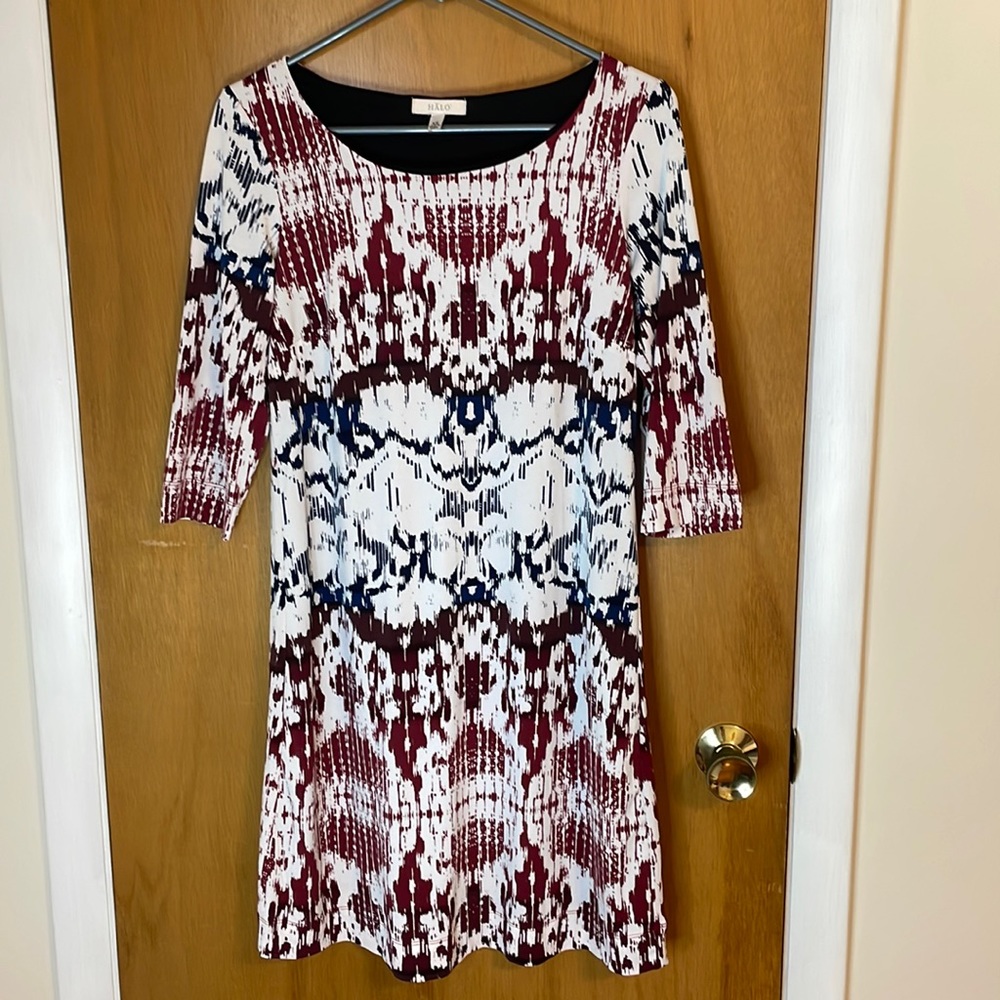 Halo Womens XS 3/4 Sleeve Dress Lined Stretchy White w/ Maroon/Navy